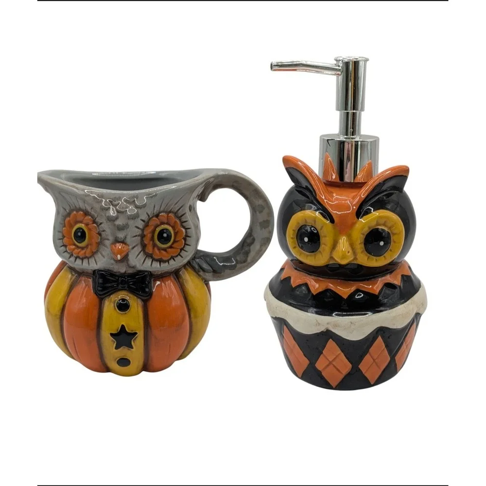 Halloween Johanna Parker Owl On A Cupcake‎ Ceramic Soap Dispenser And Creamer